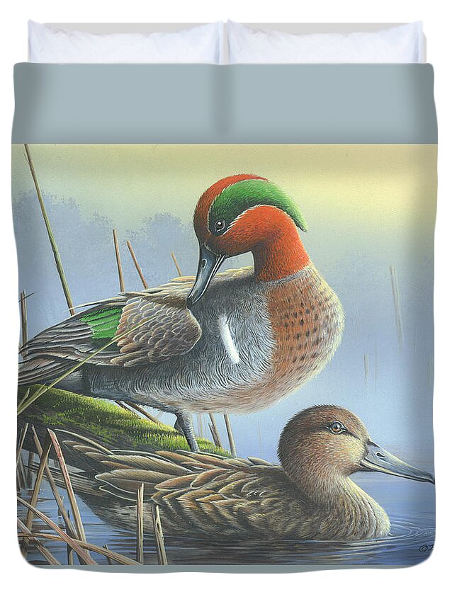 Green-winged Teal Ducks Duvet Cover featuring the painting Green-Winged Teal Ducks by Mike Brown