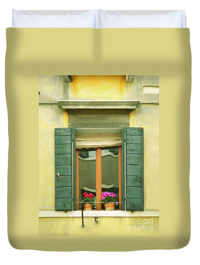 Venice Duvet Cover featuring the photograph Green Yellow Venice Series Shutters by Robyn Saunders
