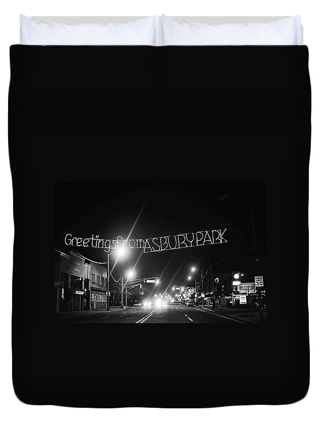 Greetings From Asbury Park New Jersey Black And White Duvet Cover featuring the photograph Greetings from Asbury Park New Jersey Black and White by Terry DeLuco