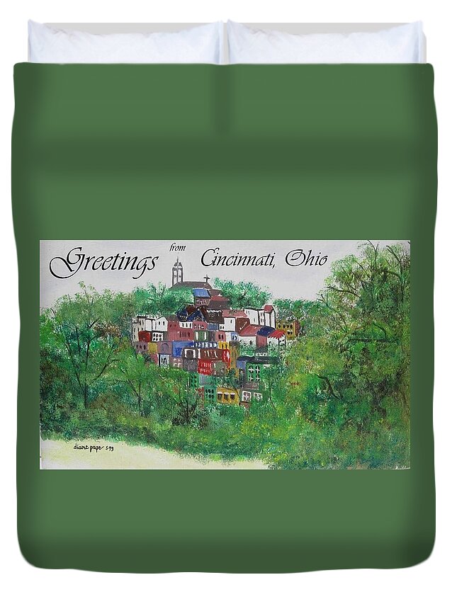 Mt. Adams Duvet Cover featuring the painting Greetings from Cincinnati Ohio by Diane Pape