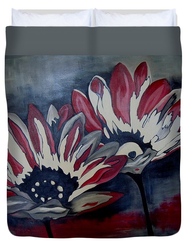 Flowers Duvet Cover featuring the painting Grey and Pink Daisies by Sunel De Lange