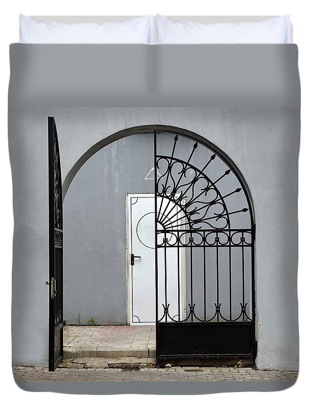 Arch Duvet Cover featuring the photograph Grey Wall With Iron Gate And Door In by Avnphotolab