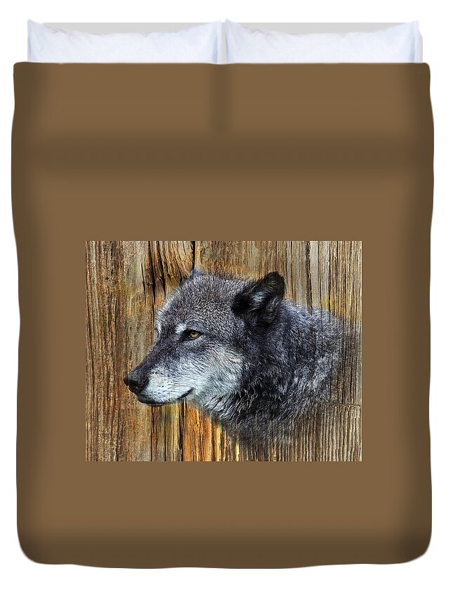  Wolf Art Duvet Cover featuring the photograph Grey Wolf on Wood by Steve McKinzie
