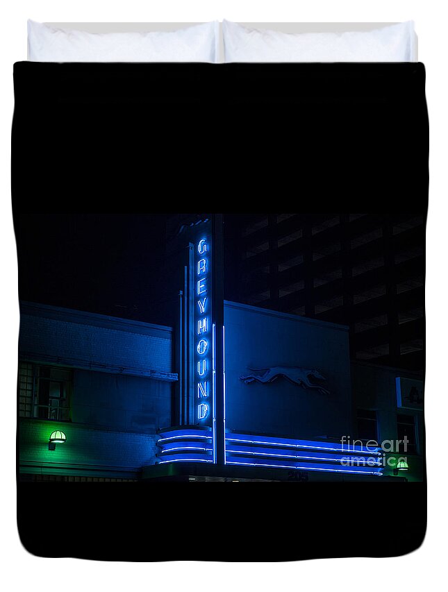 Greyhound Duvet Cover featuring the photograph Greyhound bus station at night by Imagery by Charly