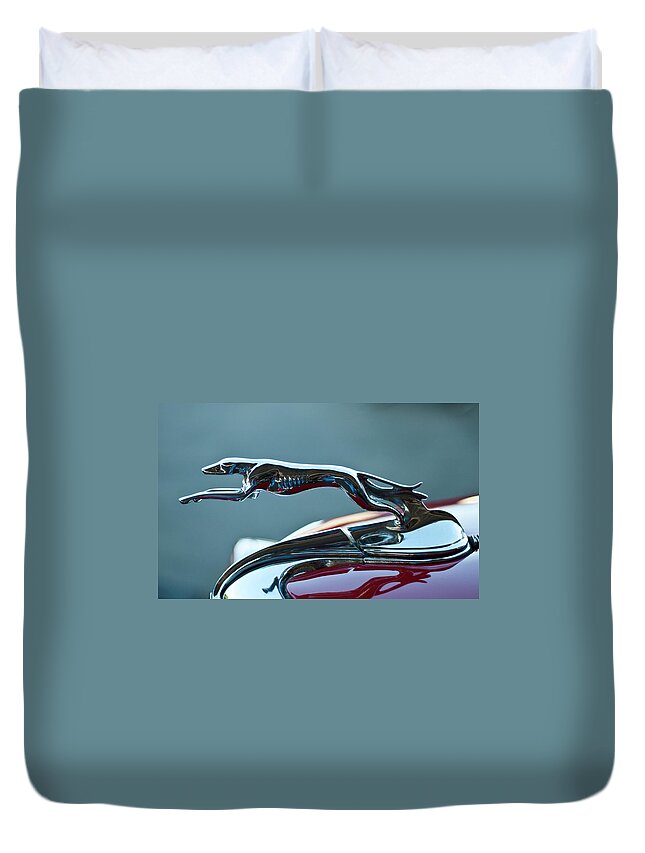 Greyhound Duvet Cover featuring the photograph Greyhound Hood Ornament by Ron Roberts
