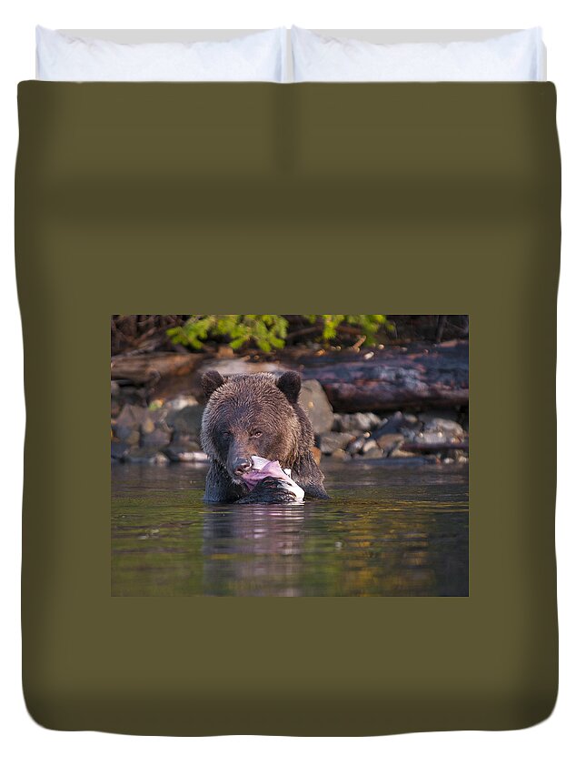Grizzly Duvet Cover featuring the photograph Grizzly and Salmon by Bill Cubitt