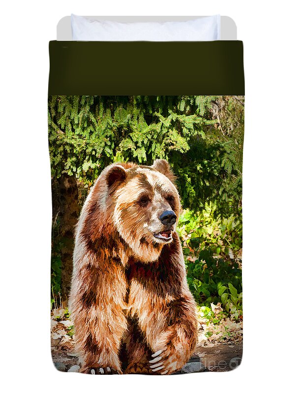 Grizzly Duvet Cover featuring the photograph Grizzly Bear - painterly by Les Palenik