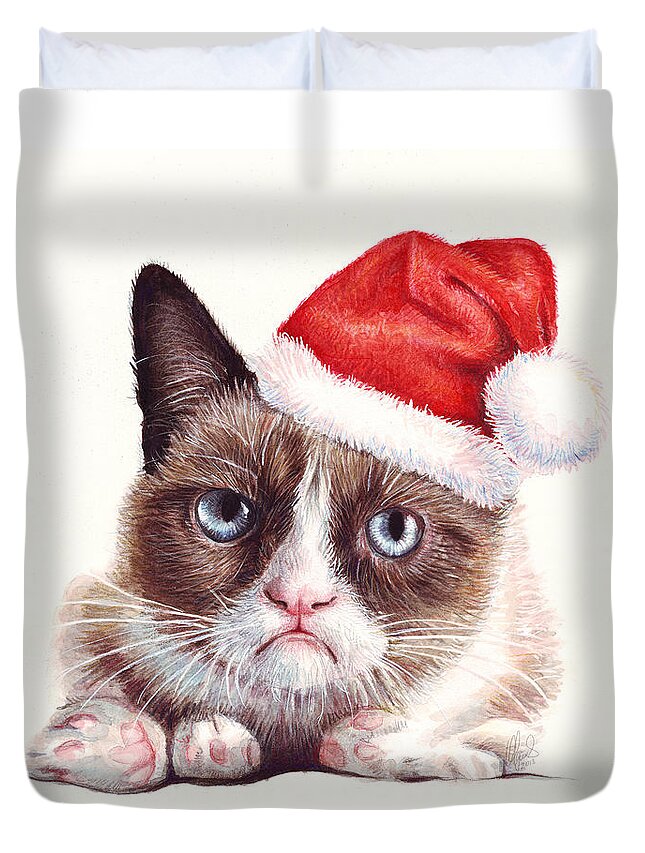 Grumpy Duvet Cover featuring the painting Grumpy Cat as Santa by Olga Shvartsur