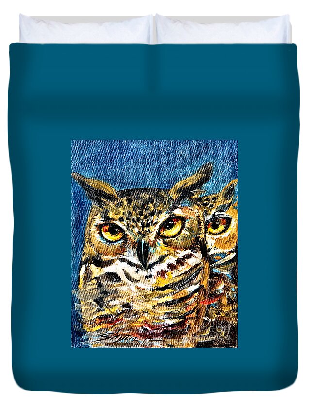 Owl Duvet Cover featuring the painting Guardian Owls by Shijun Munns