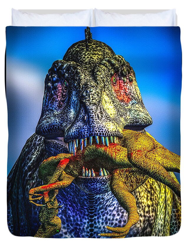 Tyrannosaurus Rex Duvet Cover featuring the digital art Guilty Pleasure by Bob Orsillo