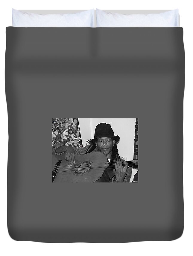 Musician Duvet Cover featuring the photograph Guitar Player Black Hat by Cleaster Cotton