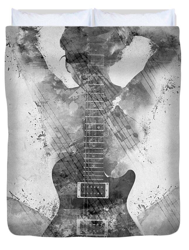 Guitar Duvet Cover featuring the digital art Guitar Siren in Black and White by Nikki Smith