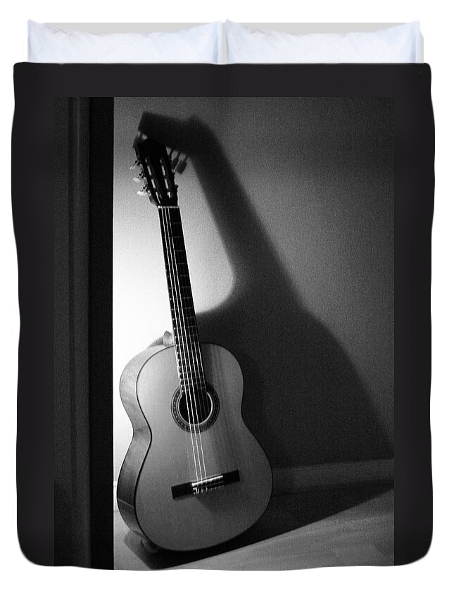 Guitar Duvet Cover featuring the photograph Guitar Still Life In Black And White by Ben and Raisa Gertsberg