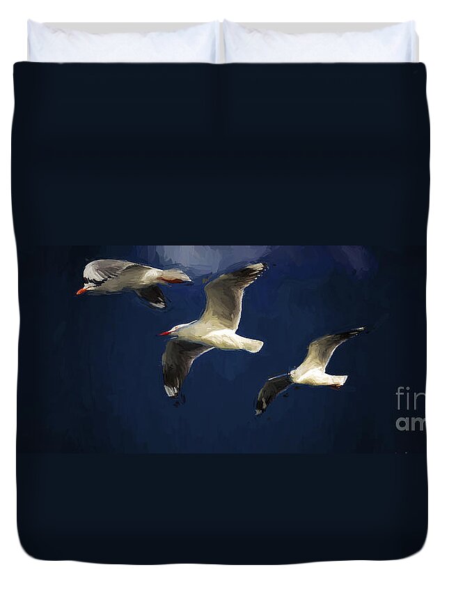 Silver Gulls In Flight Duvet Cover featuring the photograph Gulls up the wall by Sheila Smart Fine Art Photography