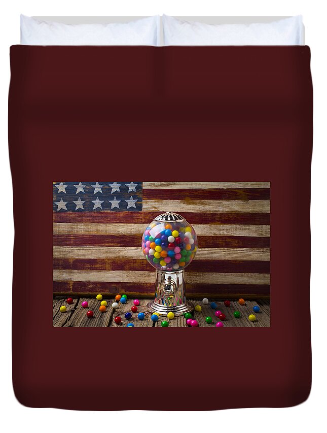 Bubblegum Machine American Duvet Cover featuring the photograph Gumball machine and old wooden flag by Garry Gay