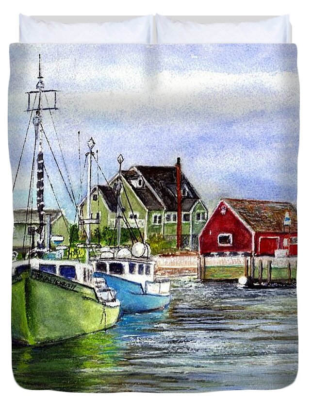 Peggy's Cove Framed Prints Duvet Cover featuring the painting Peggys Cove Nova Scotia Watercolor by Carol Wisniewski