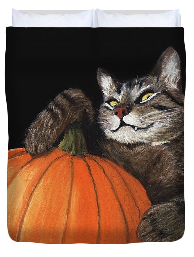 Cat Duvet Cover featuring the painting Halloween Cat by Anastasiya Malakhova