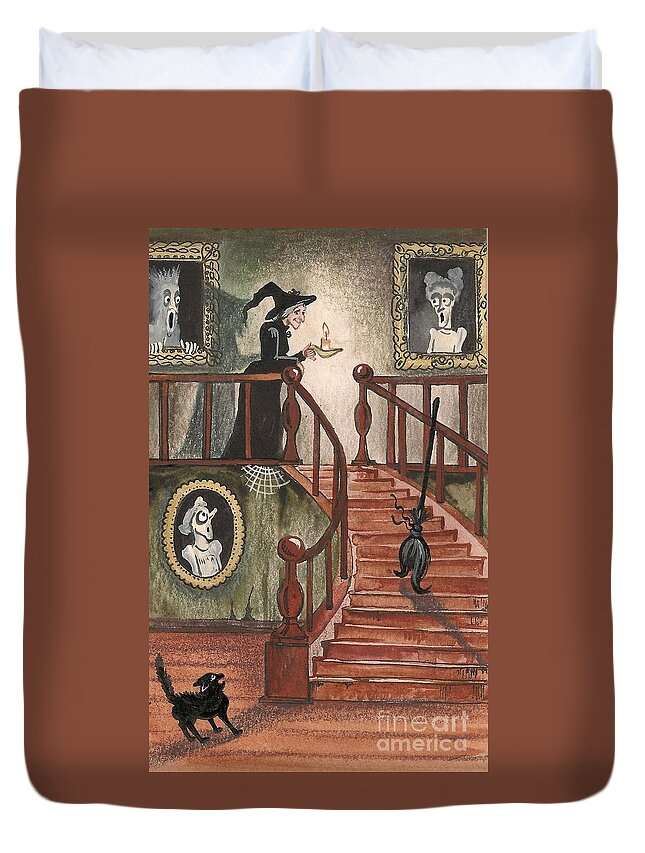 Halloween Duvet Cover featuring the painting Halloween Witch by Margaryta Yermolayeva