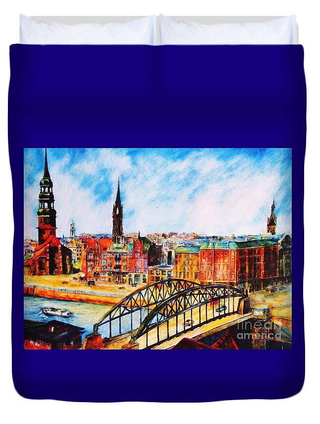 Hamburg Duvet Cover featuring the painting Hamburg - The Beauty At The River by Dagmar Helbig