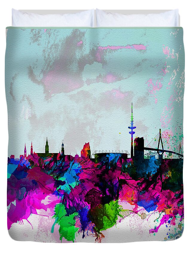 Hamburg Duvet Cover featuring the painting Hamburg Watercolor Skyline by Naxart Studio