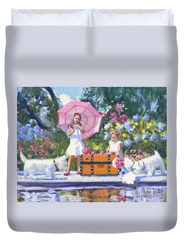 Dogs Duvet Cover featuring the painting Hana and her Pets by Candace Lovely