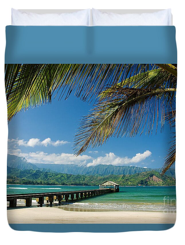 Bay Duvet Cover featuring the photograph Hanalei Pier and beach by M Swiet Productions