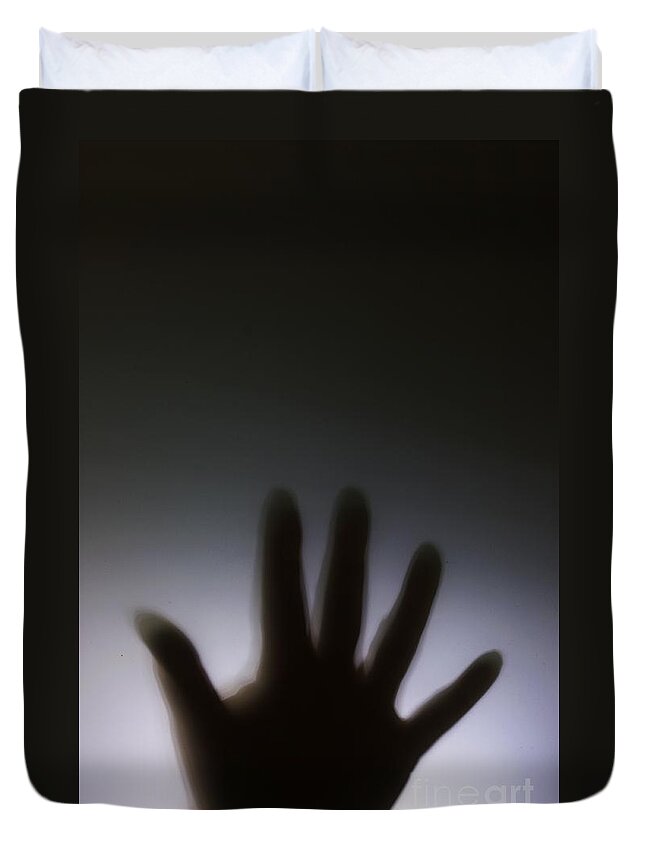 Danger Duvet Cover featuring the photograph Hand against a window by Simon Bratt