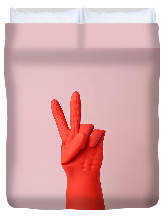 Washing Up Glove Duvet Cover featuring the photograph Hand In Red Rubber Glove Making Peace by Juj Winn