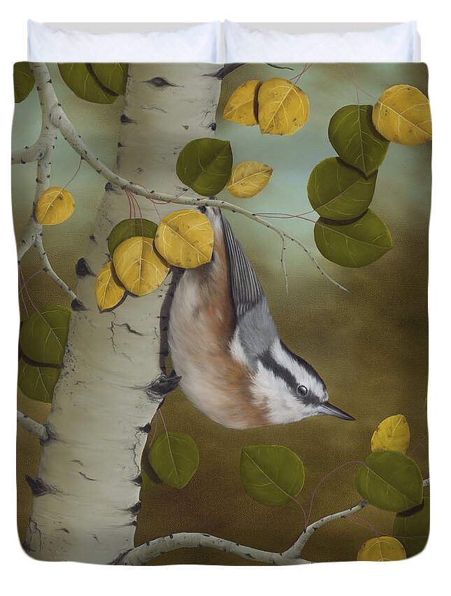 Animals Duvet Cover featuring the painting Hanging Around-Red Breasted Nuthatch by Rick Bainbridge