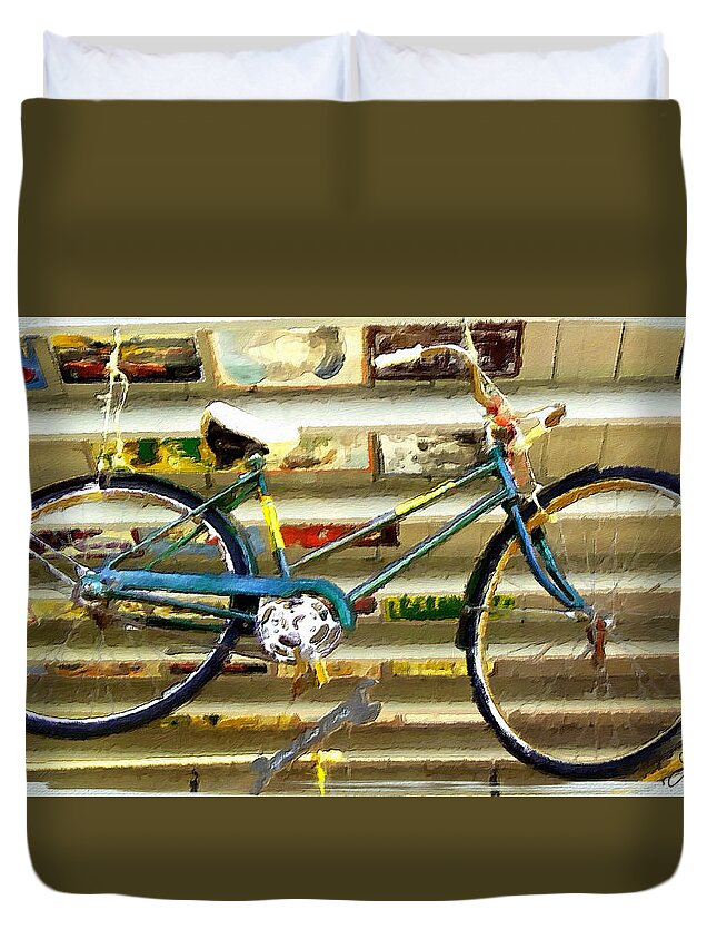 Blue Bike Duvet Cover featuring the painting Hanging Bike by Joan Reese