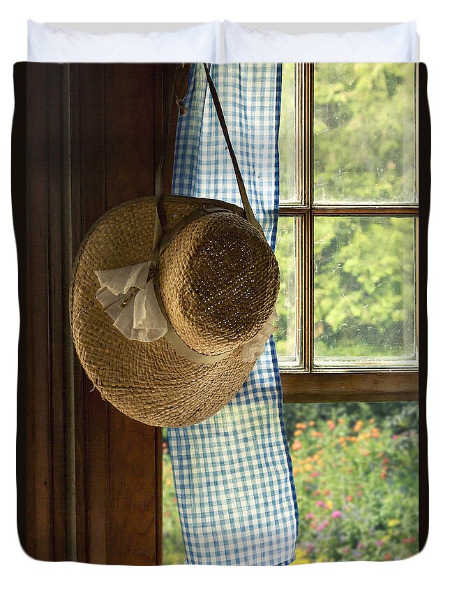Straw; Hat; Flowers; Ribbon; Colorful; Brim; Waiting Duvet Cover featuring the photograph Hanging by the Window by Margie Hurwich