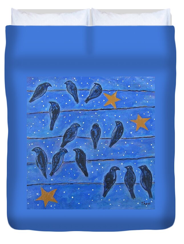 Black Birds Duvet Cover featuring the painting Hanging Out at Night by Suzanne Theis
