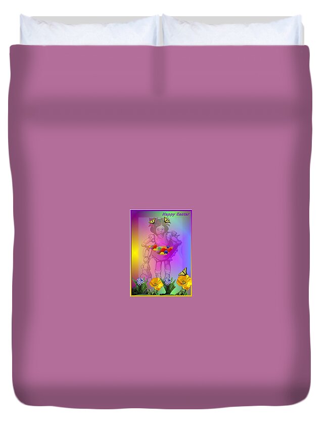 Easter Duvet Cover featuring the photograph Happy Easter Girl Eggs Bunny and flowers and butterflies by Joyce Dickens