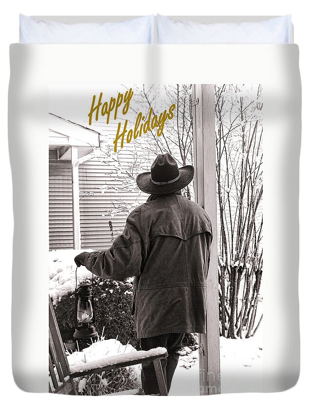 Happy Duvet Cover featuring the photograph Happy Holidays Cowboy by Olivier Le Queinec