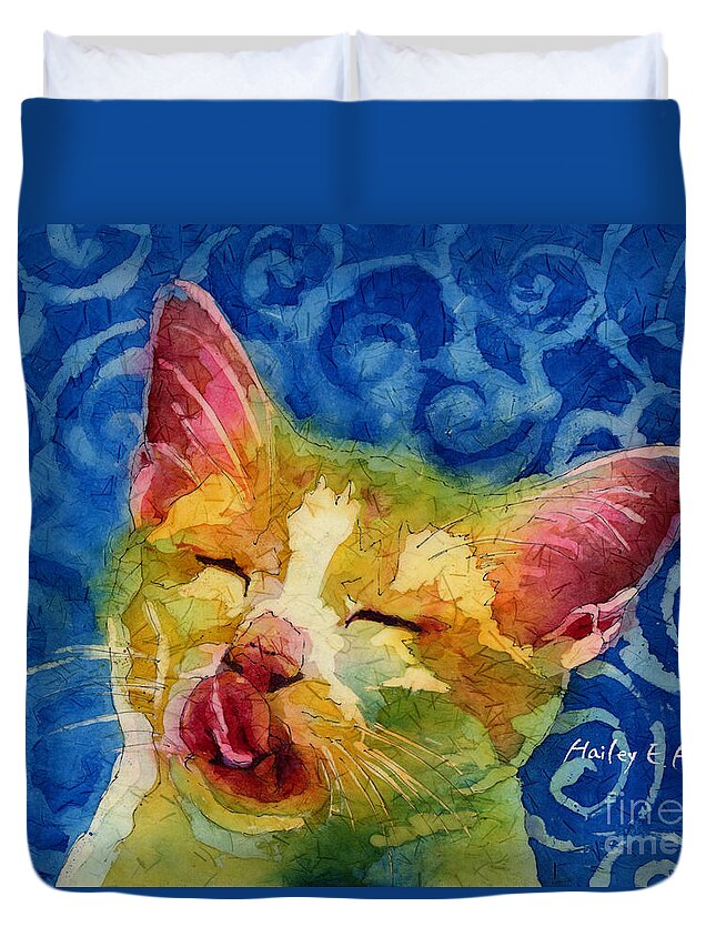 Cat Duvet Cover featuring the painting Happy Sunbathing by Hailey E Herrera