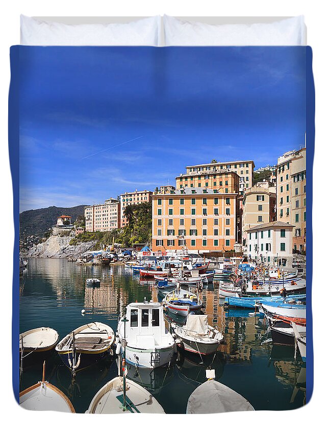 Blue Duvet Cover featuring the photograph harbor in Camogli - Italy by Antonio Scarpi