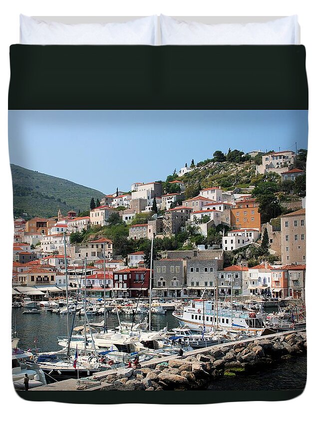 3086 Duvet Cover featuring the photograph Harbor of Hydra by Gordon Elwell