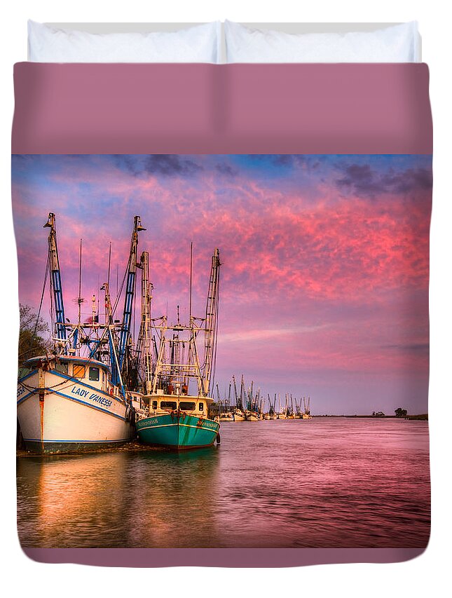 Boats Duvet Cover featuring the photograph Harbor Sunset by Debra and Dave Vanderlaan