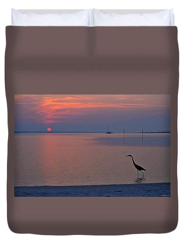 Harry The Heron Duvet Cover featuring the photograph Harry the Heron Fishing on Santa Rosa Sound at Sunrise by Jeff at JSJ Photography