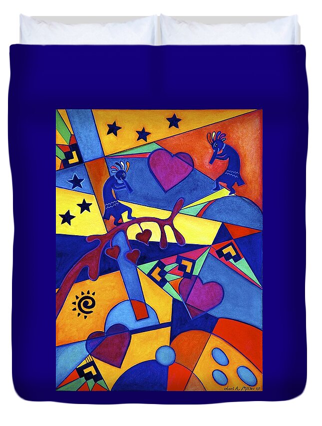 Valentine's Day Duvet Cover featuring the painting Harvesting the Love Kokopelli Art by Lori Miller