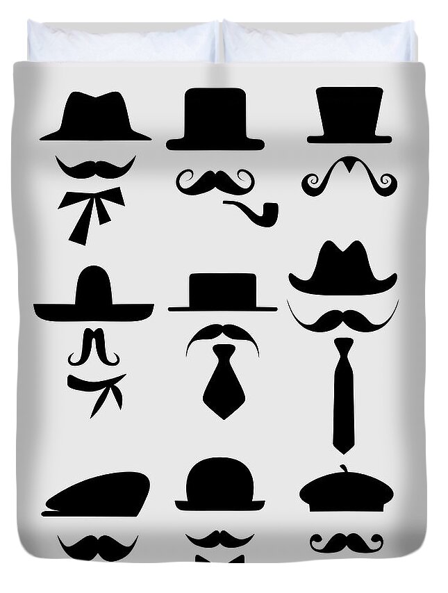 Motivational Duvet Cover featuring the digital art Hats and Mustaches Poster 1 by Naxart Studio