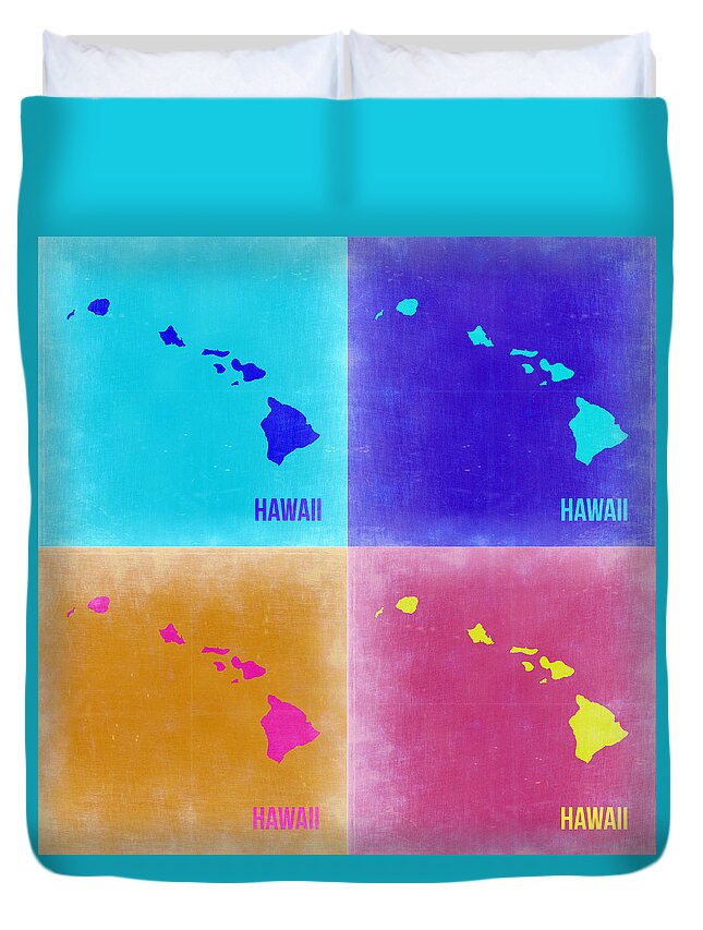 Hawaii Map Duvet Cover featuring the painting Hawaii Pop Art Map 2 by Naxart Studio