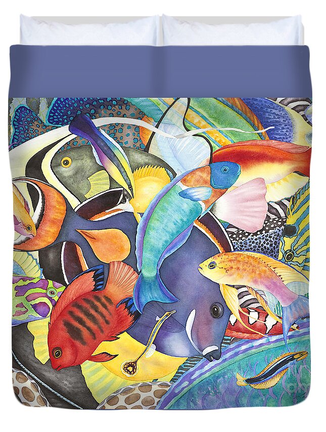 Animals Duvet Cover featuring the painting Hawaiian Fishes All the Way Down by Lucy Arnold