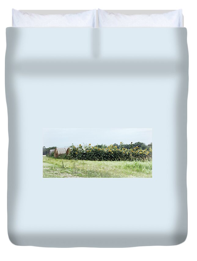 Hay Duvet Cover featuring the photograph Hay Bales and Sunflowers by Cricket Hackmann