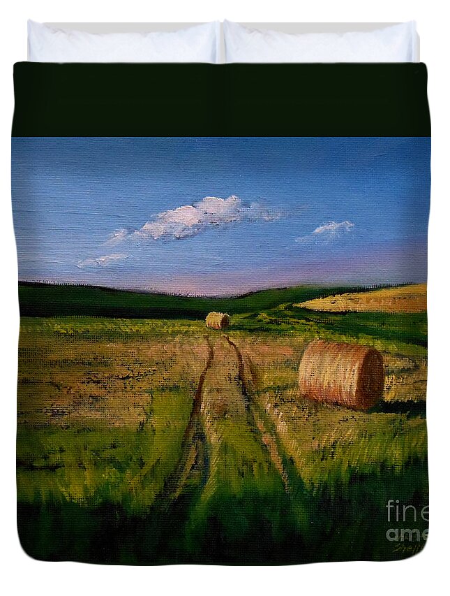 Farm Duvet Cover featuring the painting Hay Rolls on the Field by Christopher Shellhammer