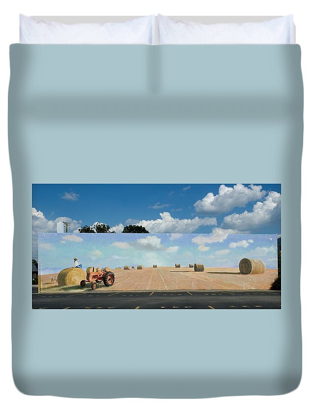 Mural Duvet Cover featuring the painting Haybales - The other side of the Tunnel by Blue Sky