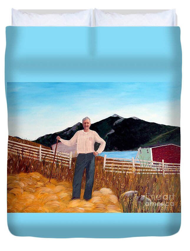 Haymaker Duvet Cover featuring the painting Haymaker with Pitchfork by Barbara A Griffin