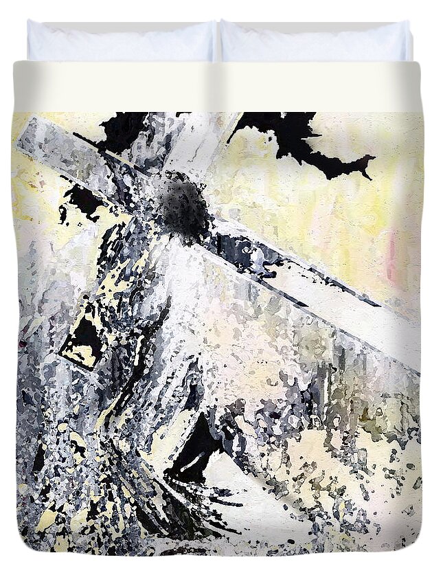 Prince Of Peace Duvet Cover featuring the mixed media He Loved Us more by Kume Bryant
