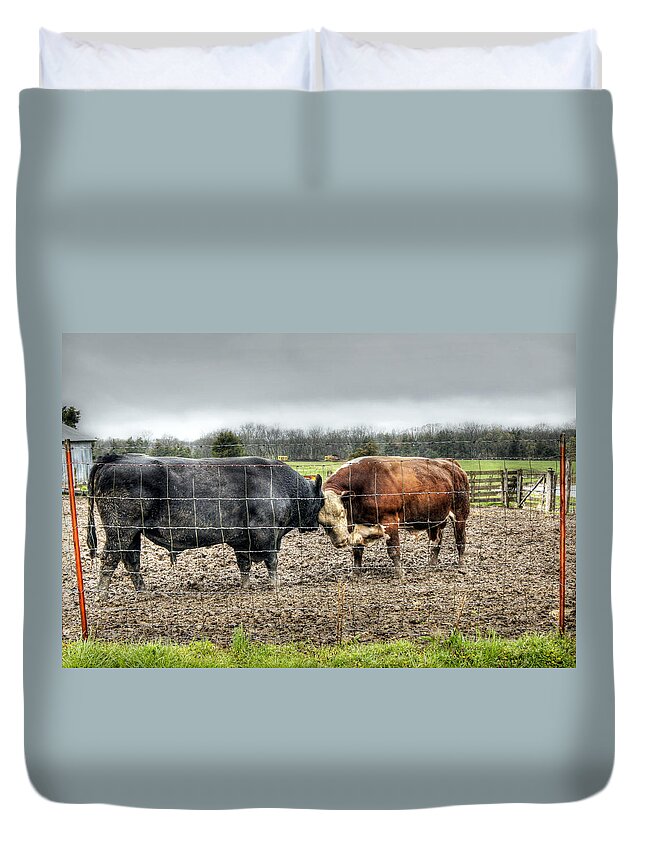 Bull Duvet Cover featuring the photograph Head to Head by Cricket Hackmann