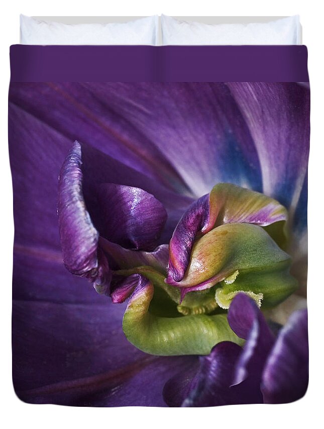 Purple Duvet Cover featuring the photograph Heart of a Purple Tulip by Rona Black